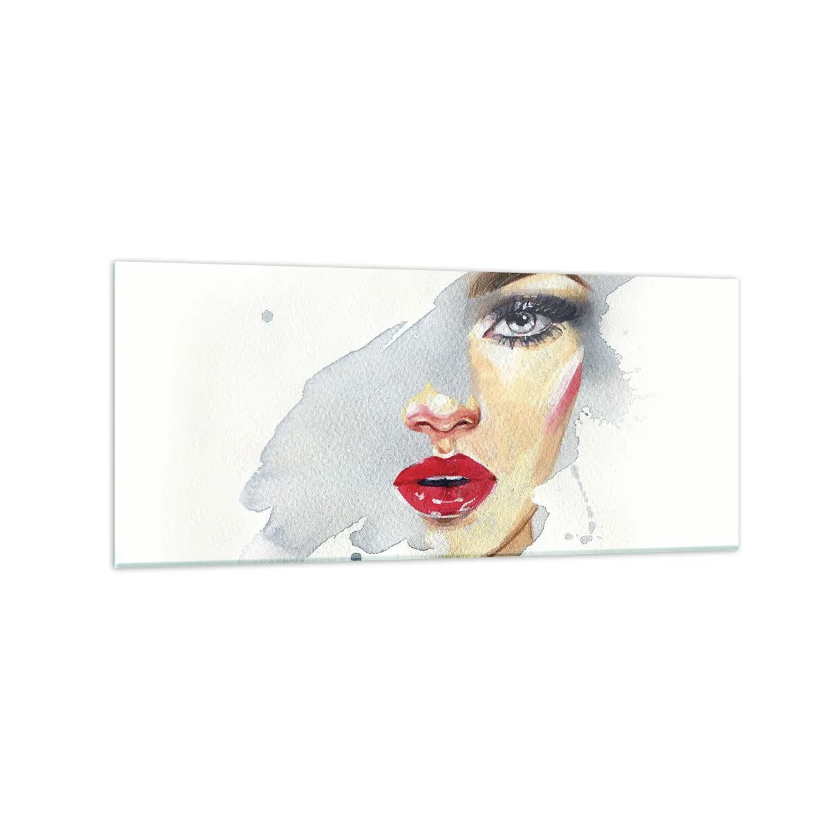 Glasbild - Bild auf glas - Ein Aquarellporträt einer Frau mit intensivem Blick. - 120x50cm - Abspiegeln in einem Wassertropfen - Moderne Wanddekoration für Wohnzimmer und Schlafzimmer ARTTOR