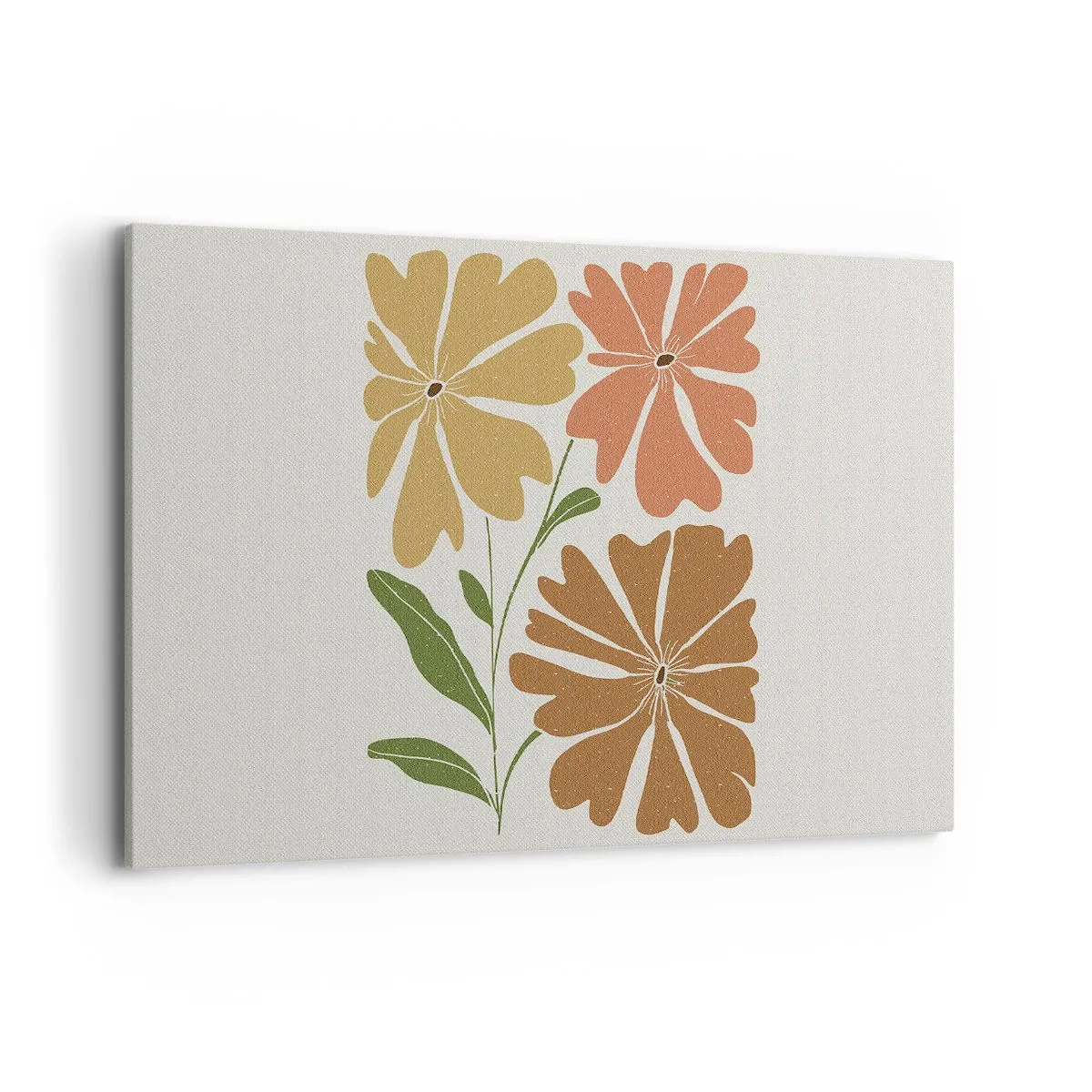 Bild auf Leinwand - Leinwandbild - Drei Blumen in warmen Farben auf hellem Hintergrund - 100x70cm - Natur und Geometrie - Moderne Wanddekoration für Wohnzimmer und Schlafzimmer ARTTOR