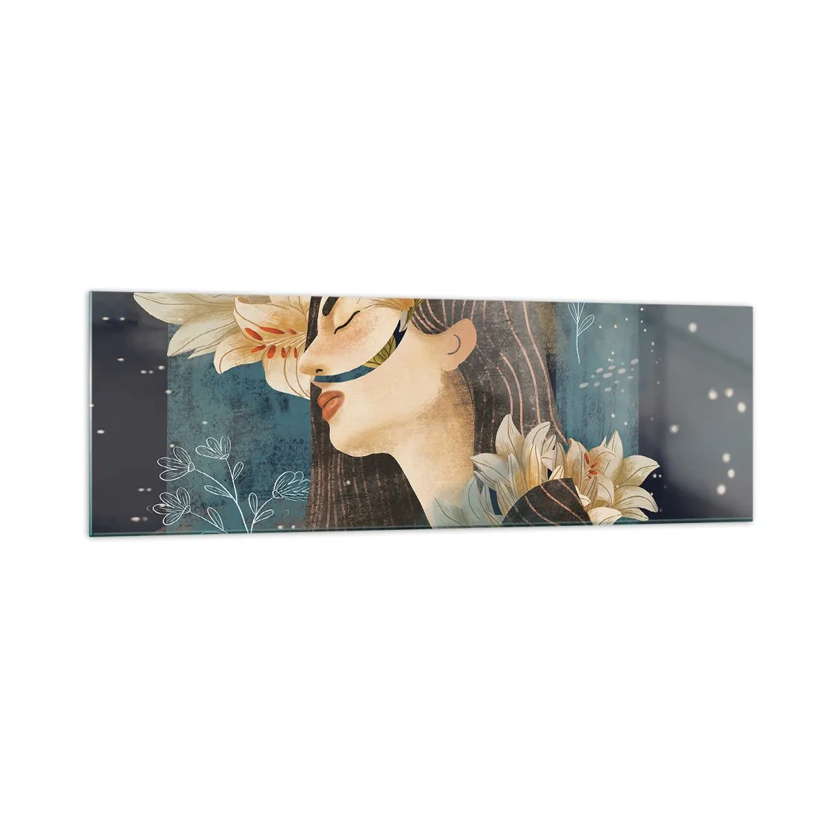 Glasbild - Bild auf glas - Porträt einer Frau mit Blumen im künstlerischen Stil auf dunklem Hintergrund - 160x50cm - Ein Märchen über eine Prinzessin mit Lilien - Moderne Wanddekoration für Wohnzimmer und Schlafzimmer ARTTOR
