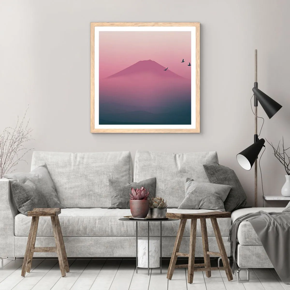 Poster in einem Rahmen aus heller Eiche - Wanderer über den Wolken - 50x50 cm