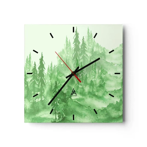 Wanduhr - Glasuhr - Grüner Wald im Aquarellstil auf hellem Hintergrund - 30x30cm - Verschwommen mit grünem Nebel - Moderne Wanddekoration für Wohnzimmer und Schlafzimmer ARTTOR