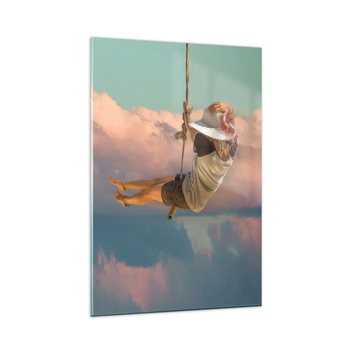 Glasbild - Bild auf glas - Frau auf einer Schaukel zwischen rosa Wolken - 80x120cm - Spaß in den Wolken - Moderne Wanddekoration für Wohnzimmer und Schlafzimmer ARTTOR