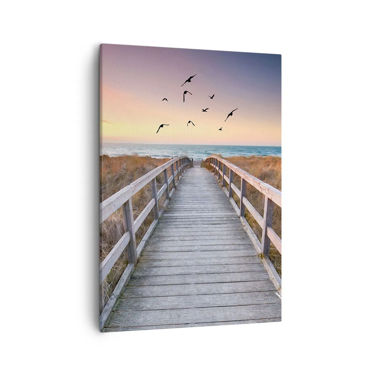 Bild auf Leinwand - Leinwandbild - Holzsteg zum Strand bei Sonnenuntergang - 50x70cm - Der Raum für Auffliegen - Moderne Wanddekoration für Wohnzimmer und Schlafzimmer ARTTOR