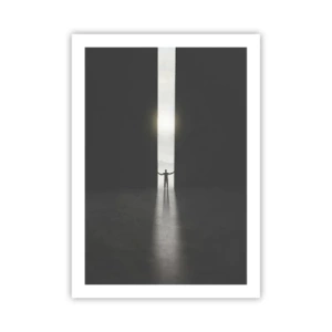 Poster - Ein Mann steht im Licht eines Risses in einer dunklen Umgebung - 50x70cm - Ein Schritt in eine strahlende Zukunft - Moderne Wanddekoration für Wohnzimmer und Schlafzimmer ARTTOR