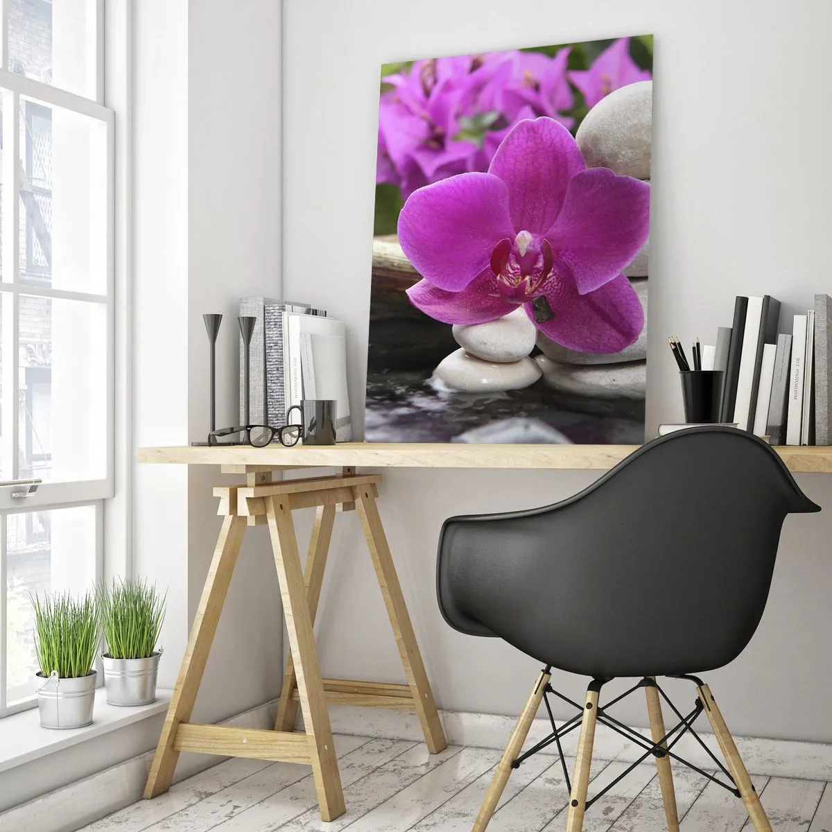 Glasbild - Bild auf glas - Lila Orchidee, Steine und Bambus-Wasserfall - 50x70cm - Du ruhst dich schon aus - Moderne Wanddekoration für Wohnzimmer und Schlafzimmer ARTTOR