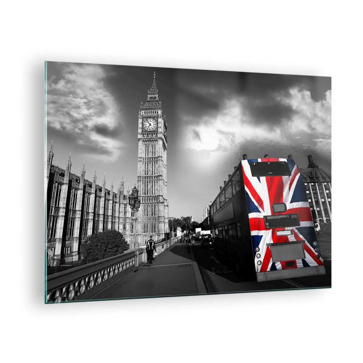 Glasbild - Bild auf glas - Big Ben und ein Bus mit britischer Flagge - 70x50cm - Stolz und toll - Moderne Wanddekoration für Wohnzimmer und Schlafzimmer ARTTOR