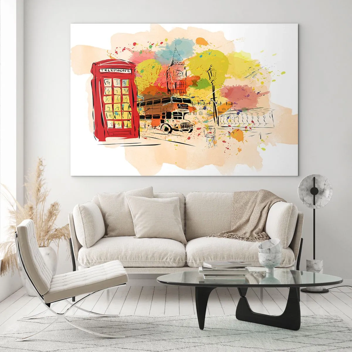 Glasbild - Bild auf glas - Eine rote Telefonzelle, ein Doppeldeckerbus und Big Ben - 70x50cm - Die Stadt der Vielfalt - Moderne Wanddekoration für Wohnzimmer und Schlafzimmer ARTTOR