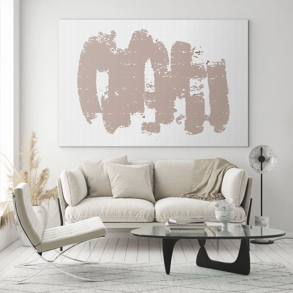 Glasbild - Bild auf glas - Rosa Pinselstriche auf weißem Hintergrund - 120x80cm - Abstraktion in zartem Rosa - Moderne Wanddekoration für Wohnzimmer und Schlafzimmer ARTTOR