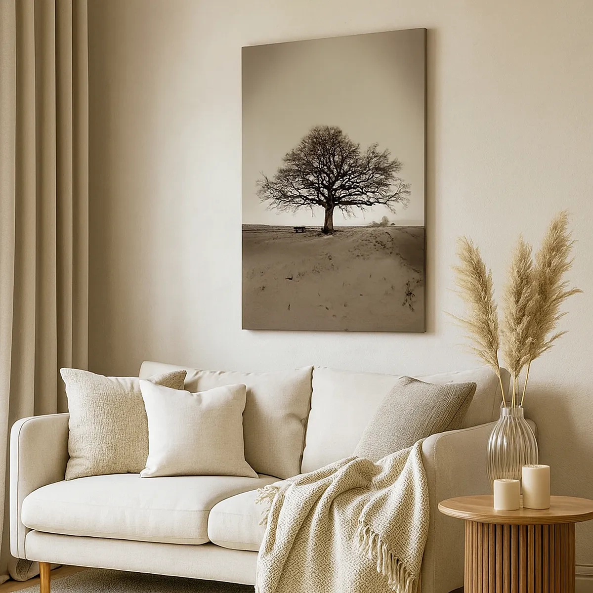 Bild auf Leinwand - Leinwandbild - Ein einsamer Baum in einem Sepia-Feld - 50x70cm - Von hier zu Ewigkeit - Moderne Wanddekoration für Wohnzimmer und Schlafzimmer ARTTOR