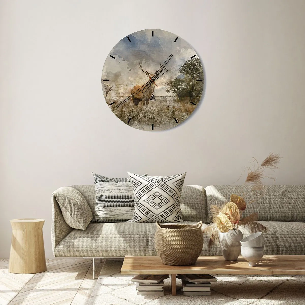 Wanduhr - Glasuhr - Ein Hirsch vor der Kulisse einer malerischen Lichtung und Bäumen - 30x30cm - Würde – Stärke – Würde - Moderne Wanddekoration für Wohnzimmer, Küche und Schlafzimmer ARTTOR