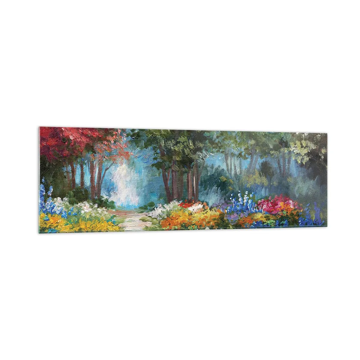 Glasbild - Bild auf glas - Ein malerischer Garten voller bunter Blumen und Bäume in einer Waldumgebung - 160x50cm - Waldgarten, Blumenwald - Moderne Wanddekoration für Wohnzimmer und Schlafzimmer ARTTOR