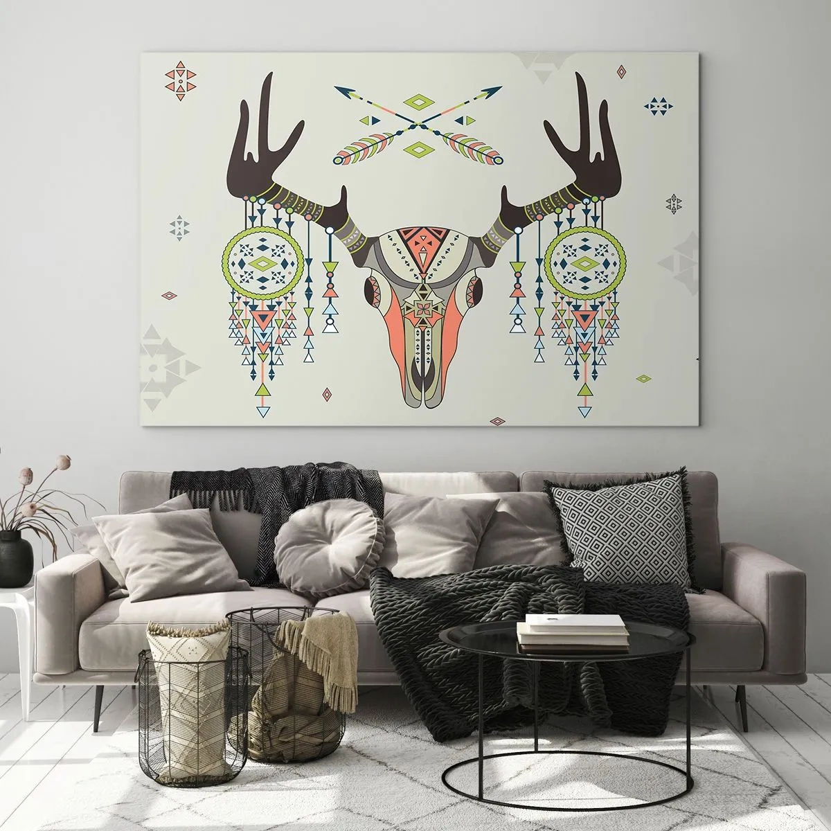 Glasbild - Bild auf glas - Symbolische Hörner und indianische Muster auf hellem Hintergrund - 100x70cm - Indische Jägertrophäe - Moderne Wanddekoration für Wohnzimmer und Schlafzimmer ARTTOR