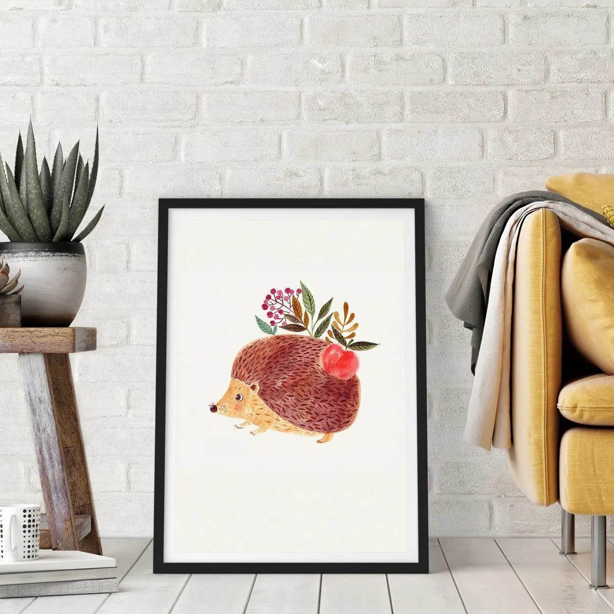 Poster in einem schwarzem Rahmen - Ein süßer Igel mit einem Apfel und Zweigen auf hellem Hintergrund - 50x70cm - Und dann magst du mich schon - Moderne Wanddekoration für Wohnzimmer und Schlafzimmer ARTTOR
