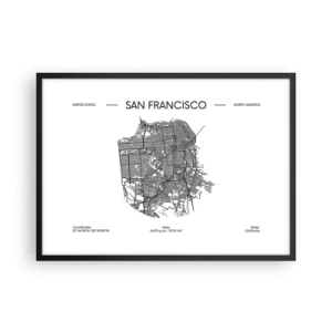 Poster in einem schwarzem Rahmen - Eine Karte von San Francisco im minimalistischen Schwarz-Weiß-Stil. - 70x50cm - Anatomie von San Francisco - Moderne Wanddekoration für Wohnzimmer und Schlafzimmer ARTTOR