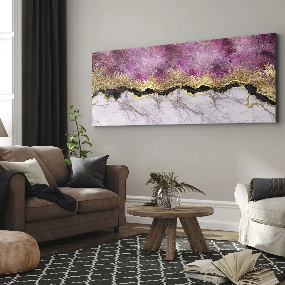 Bild auf Leinwand - Leinwandbild - Abstrakter Marmor in Rosatönen mit goldenen Akzenten - 160x50cm - An der Grenze - Moderne Wanddekoration für Wohnzimmer und Schlafzimmer ARTTOR