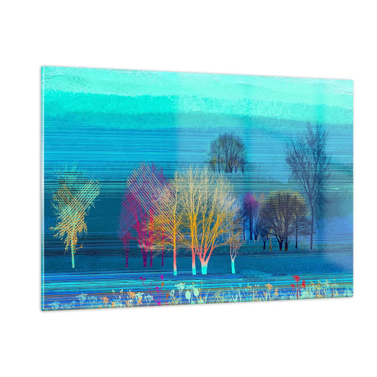 Glasbild - Bild auf glas - Eine farbenfrohe Landschaft mit Bäumen vor einem Hintergrund in Blautönen - 120x80cm - Eine gekämmte Landschaft - Moderne Wanddekoration für Wohnzimmer und Schlafzimmer ARTTOR