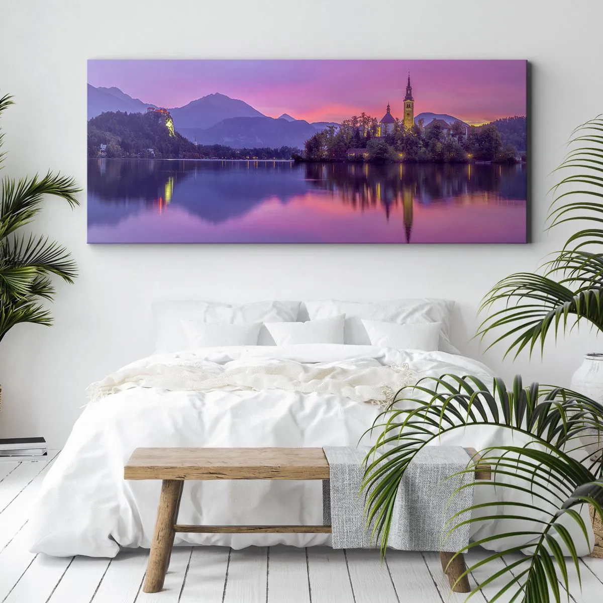 Bild auf Leinwand - Leinwandbild - See mit einer Insel und einer Kirche bei Sonnenuntergang - 120x50cm - Eine märchenhafte Insel in der Abenddämmerung - Moderne Wanddekoration für Wohnzimmer und Schlafzimmer ARTTOR