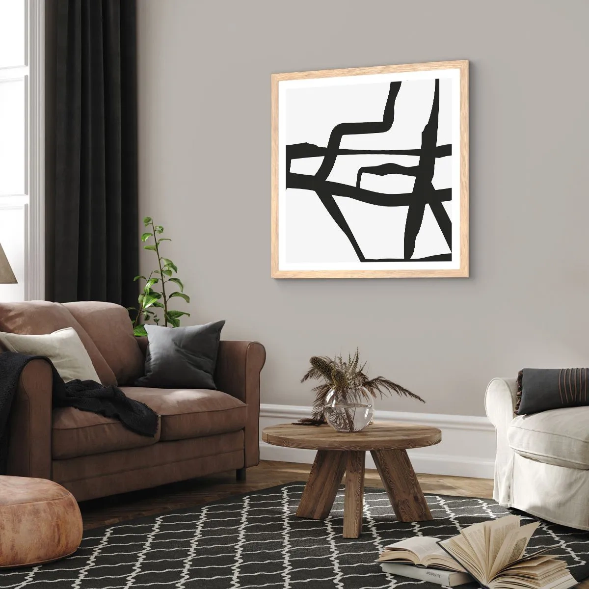 Poster in einem Rahmen aus heller Eiche - Schwarz-Weiß-Design - 60x60 cm