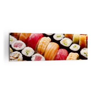 Bild auf Leinwand - Leinwandbild - Buntes Sushi in Reihen angeordnet mit verschiedenen Toppings - 160x50cm - Farben und Aromen Asiens - Moderne Wanddekoration für Wohnzimmer und Schlafzimmer ARTTOR