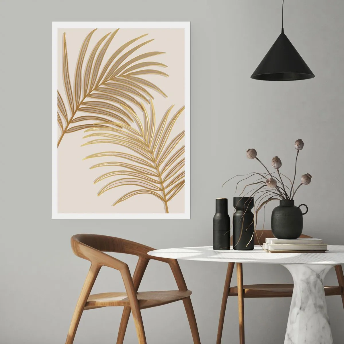 Poster - Goldene Palmblätter im minimalistischen Stil auf hellem Hintergrund - 50x70cm - Goldene Palme! - Moderne Wanddekoration für Wohnzimmer und Schlafzimmer ARTTOR
