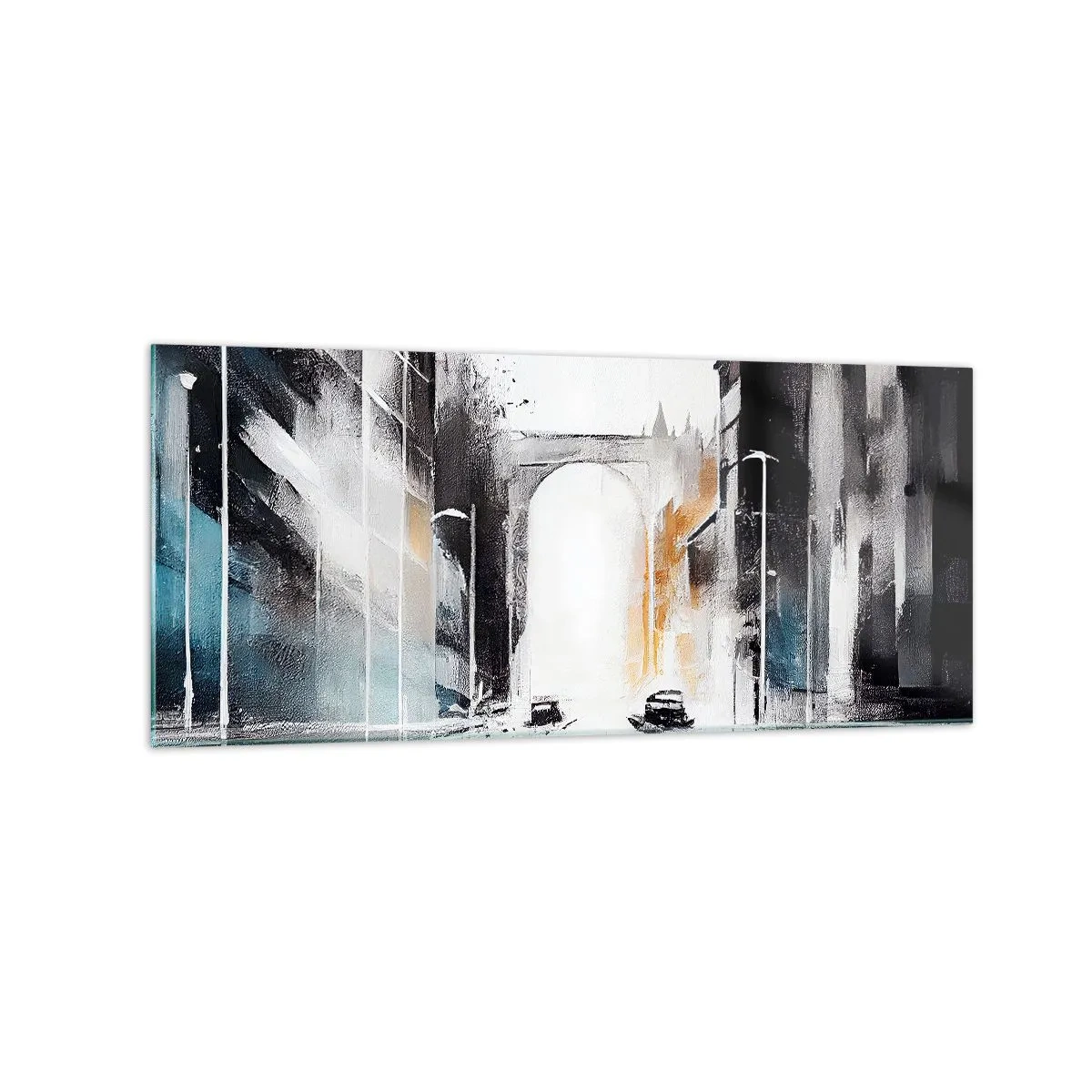Glasbild - Bild auf glas - Abstraktes Stadtpanorama mit einer Bogenbrücke - 120x50cm - Stadtstudie: Architektur und Bewegung - Moderne Wanddekoration für Wohnzimmer und Schlafzimmer ARTTOR