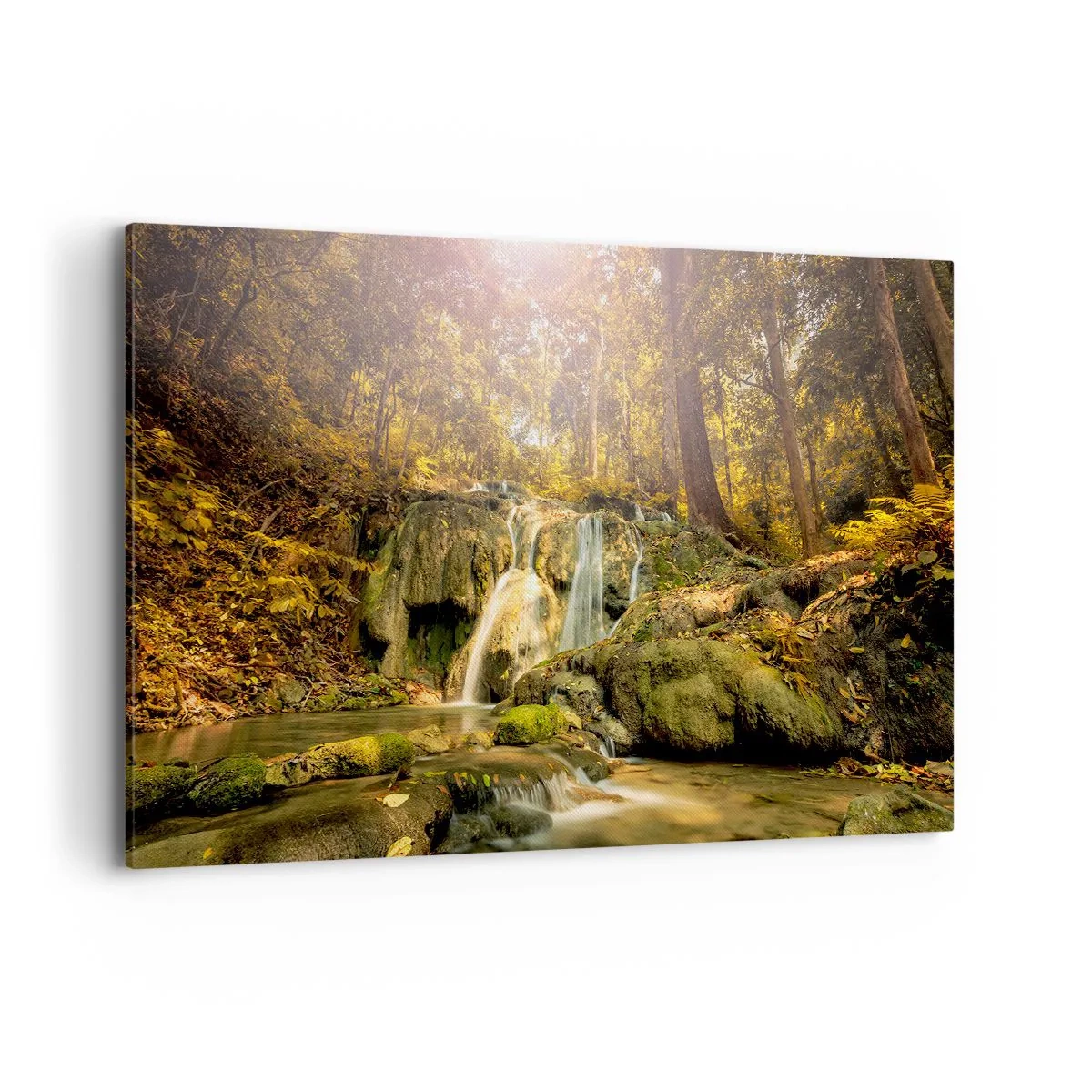 Bild auf Leinwand - Leinwandbild - Ein Waldwasserfall in den Sonnenstrahlen, umgeben von Grün - 120x80cm - Waldkaskade im Grünen - Moderne Wanddekoration für Wohnzimmer und Schlafzimmer ARTTOR