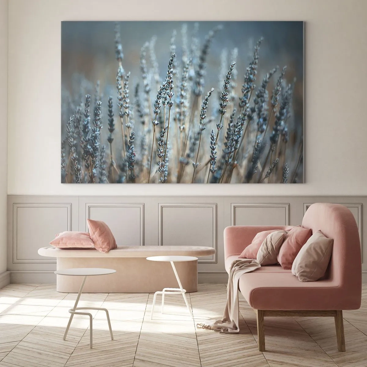 Glasbild - Bild auf glas - Ein Lavendelfeld in sanftem, kühlem Licht - 70x50cm - Duftendes Kornfeld - Moderne Wanddekoration für Wohnzimmer und Schlafzimmer ARTTOR
