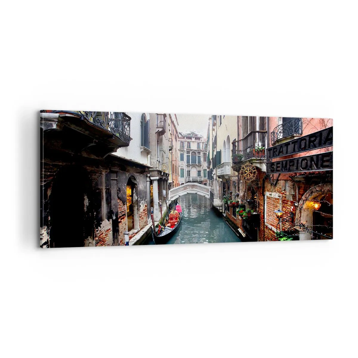 Bild auf Leinwand - Leinwandbild - Venezianische Landschaft mit Gondel und Brücke - 100x40 cm