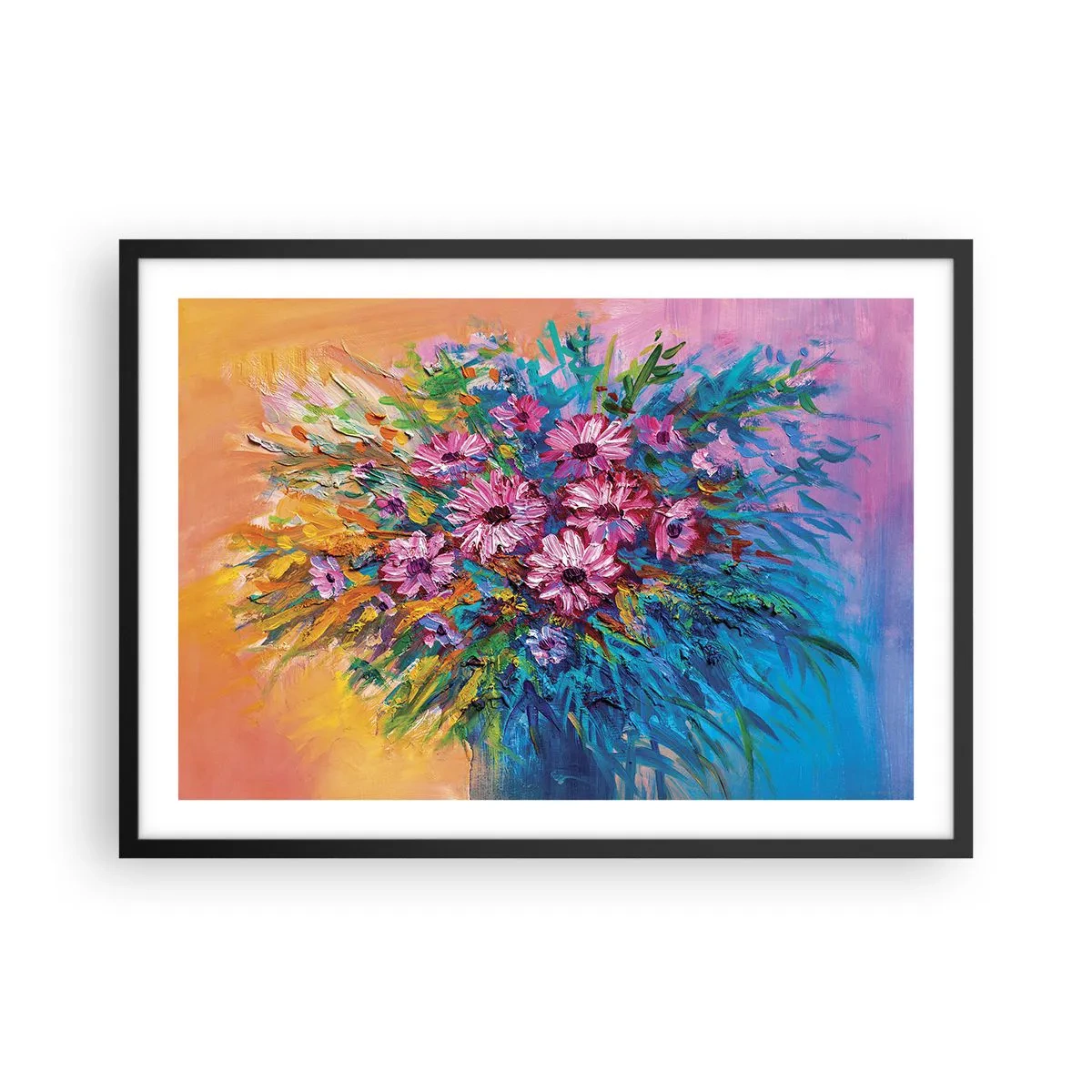 Poster in einem schwarzem Rahmen - Bunte Blumen in einem Strauß vor pastellfarbenem Hintergrund - 70x50cm - Lebensenergie - Moderne Wanddekoration für Wohnzimmer und Schlafzimmer ARTTOR