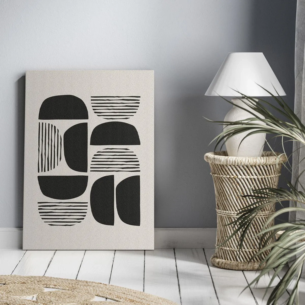 Bild auf Leinwand - Leinwandbild - Geometrie mit Halbkreisen und Linien in Schwarz auf hellem Hintergrund - 70x100cm - Halbherzige Deals - Moderne Wanddekoration für Wohnzimmer und Schlafzimmer ARTTOR