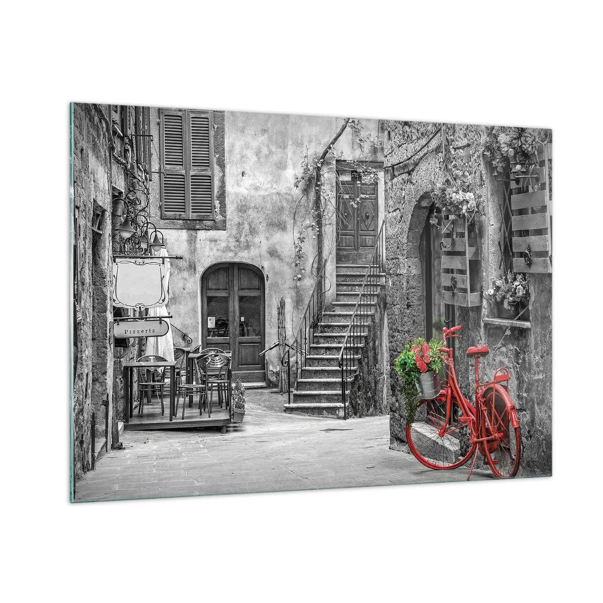 Glasbild - Bild auf glas - Schwarz-weiße Straße mit einem roten Fahrrad - 100x70cm - Toskanische Gasse - Moderne Wanddekoration für Wohnzimmer und Schlafzimmer ARTTOR