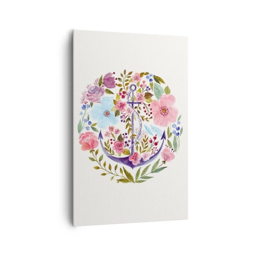 Bild auf Leinwand - Leinwandbild - Ein Anker, umgeben von Aquarellblumen auf hellem Hintergrund - 80x120cm - Guter Traum eines Seemanns - Moderne Wanddekoration für Wohnzimmer und Schlafzimmer ARTTOR