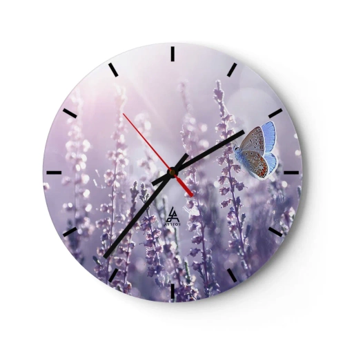 Wanduhr - Glasuhr - Schmetterling auf Lavendel in den Sonnenstrahlen - 30x30cm - Schmetterlingskuss - Moderne Wanddekoration für Wohnzimmer, Küche und Schlafzimmer ARTTOR