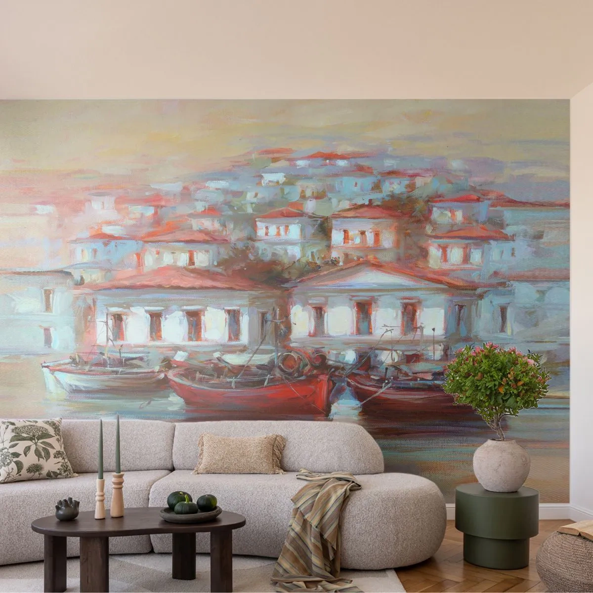 Fototapete Premium Sand - Eine malerische Vision einer Küstenstadt mit Booten im Hafen - 100x70cm - Glückliche Stadt - Moderne Wanddekoration für Wohnzimmer und Schlafzimmer ARTTOR