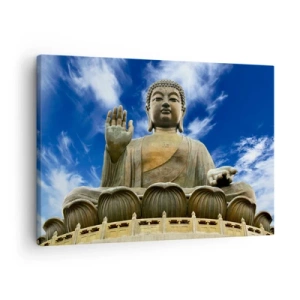 Bild auf Leinwand - Leinwandbild - Eine monumentale Buddha-Statue vor einem blauen Himmel mit Wolken - 70x50cm - Leben ohne Angst - Moderne Wanddekoration für Wohnzimmer und Schlafzimmer ARTTOR