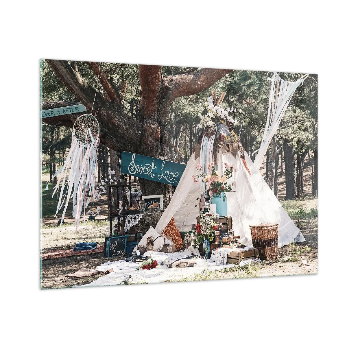 Glasbild - Bild auf glas - Boho Outdoor-Dekoration mit Tipi und Blumen im Wald - 100x70cm - Liebe machen ... - Moderne Wanddekoration für Wohnzimmer und Schlafzimmer ARTTOR
