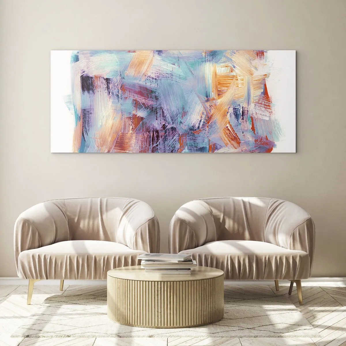 Glasbild - Bild auf glas - Bunte Pinselstriche in einer abstrakten Komposition - 160x50cm - Buntes Durcheinander - Moderne Wanddekoration für Wohnzimmer und Schlafzimmer ARTTOR