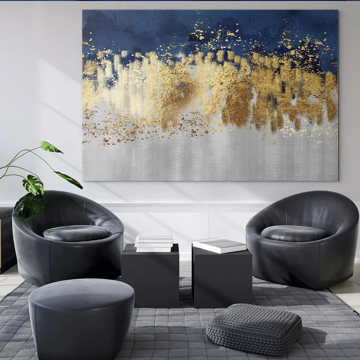 Glasbild - Bild auf glas - Goldene Akzente auf marineblauem und silbernem Hintergrund - 120x80cm - Moderne Komposition mit Glanz - Moderne Wanddekoration für Wohnzimmer und Schlafzimmer ARTTOR