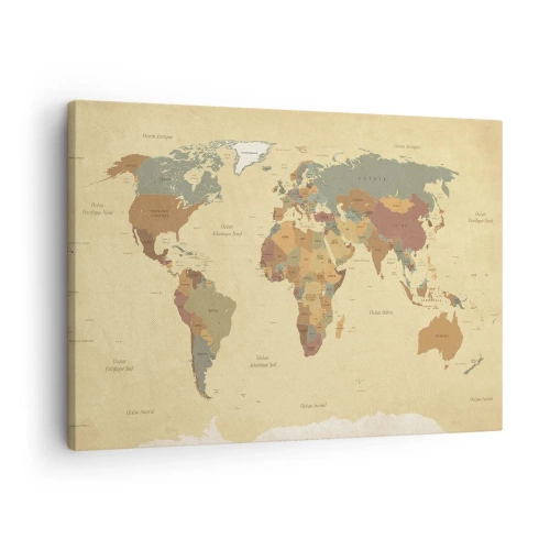 Bild auf Leinwand - Leinwandbild - Eine stilisierte Weltkarte in Beige- und Pastelltönen. - 70x50cm - Für dich - die ganze Welt - Moderne Wanddekoration für Wohnzimmer und Schlafzimmer ARTTOR