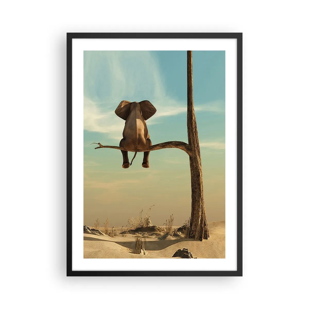 Poster in einem schwarzem Rahmen - Ein Elefant sitzt auf einem Ast mit einer Wüstenlandschaft im Hintergrund. - 50x70cm - Neuer Blickwinkel - Moderne Wanddekoration für Wohnzimmer und Schlafzimmer ARTTOR