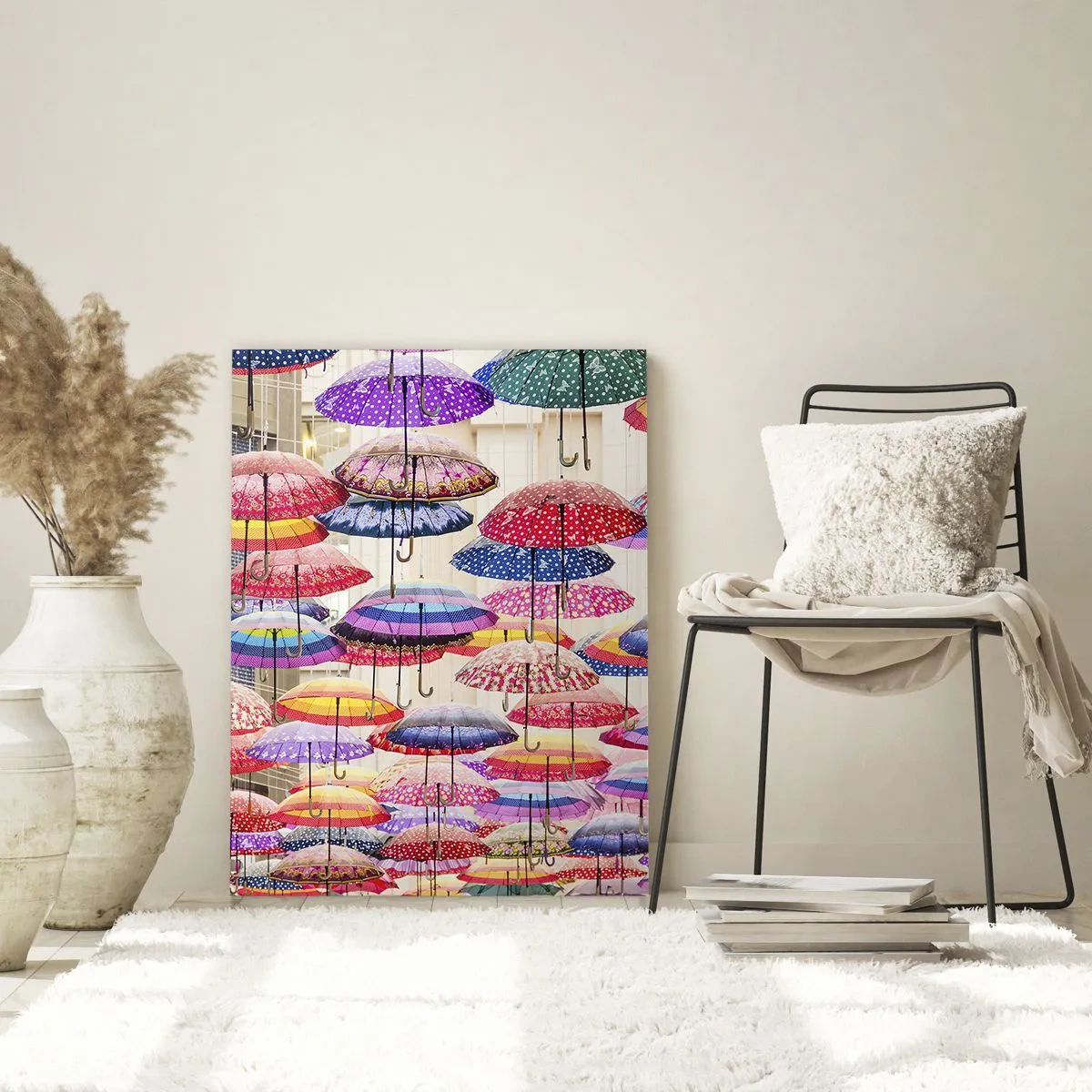 Glasbild - Bild auf glas - Bunte Regenschirme schweben in der Luft - 70x100cm - Stadtwiese - Moderne Wanddekoration für Wohnzimmer und Schlafzimmer ARTTOR