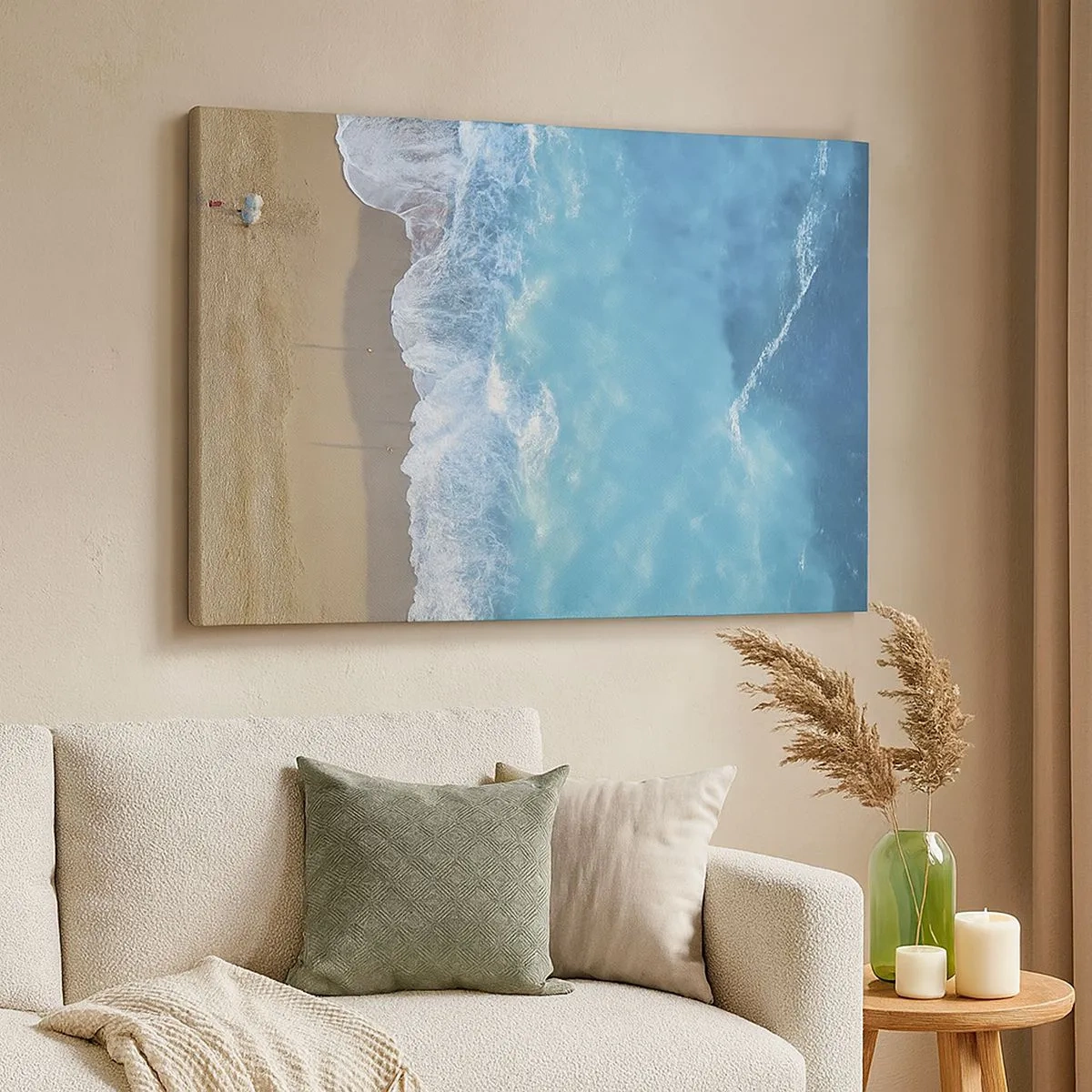 Bild auf Leinwand - Leinwandbild - Eine Vogelperspektive auf den Strand und die Meereswellen - 70x50cm - Die Kraft des Blaus - Moderne Wanddekoration für Wohnzimmer und Schlafzimmer ARTTOR