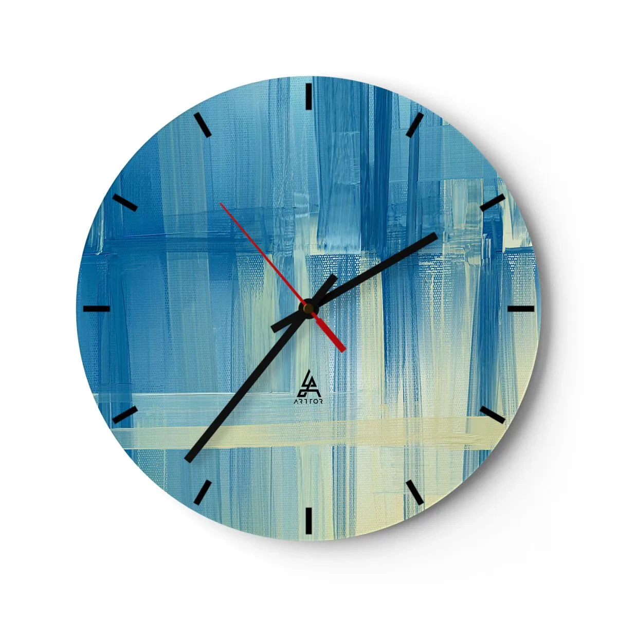 Wanduhr - Glasuhr - Blaue und beige Abstraktion in Pinselstrichtechnik - 30x30cm - Komposition in Türkis - Moderne Wanddekoration für Wohnzimmer, Küche und Schlafzimmer ARTTOR