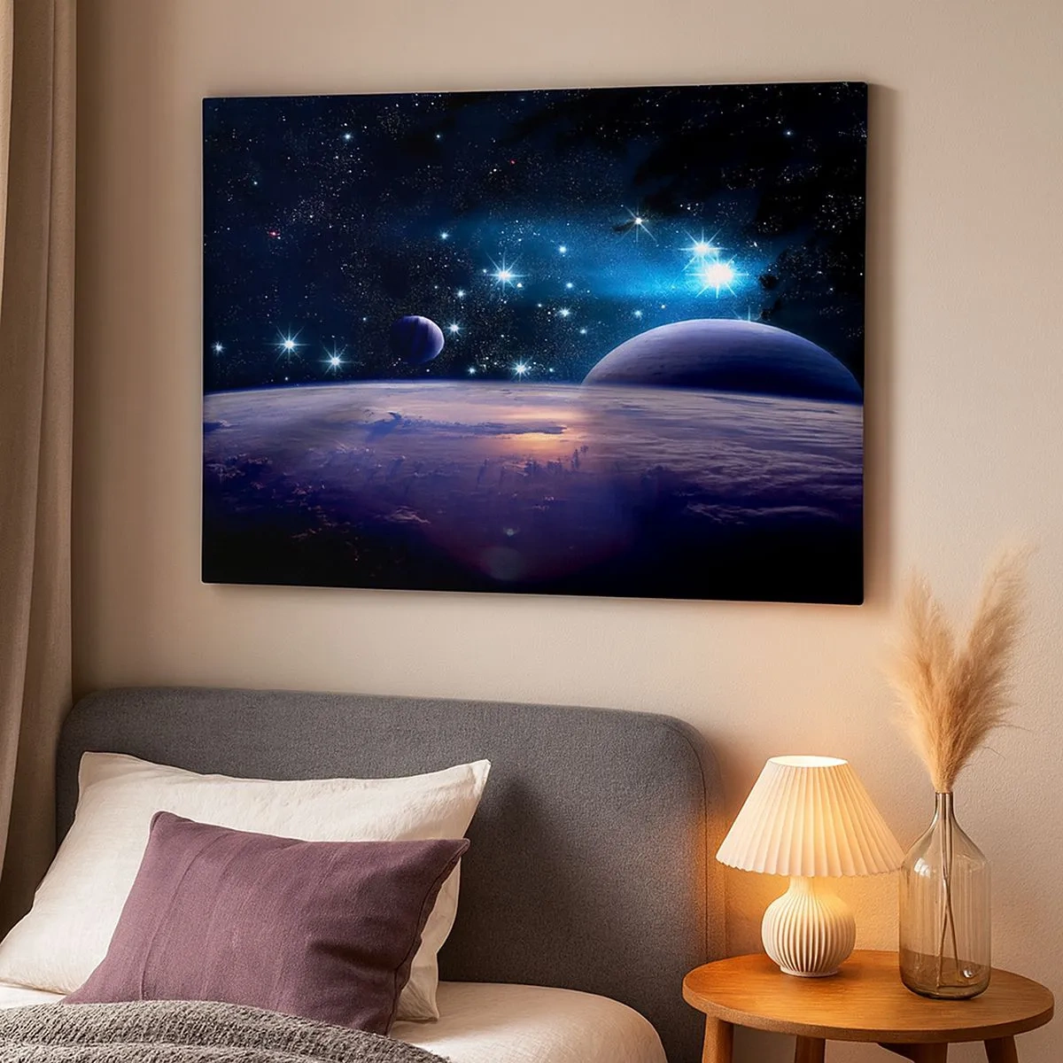 Bild auf Leinwand - Leinwandbild - Ein Blick in den Weltraum mit Planeten und Sternen - 70x50cm - Noch allein? - Moderne Wanddekoration für Wohnzimmer und Schlafzimmer ARTTOR