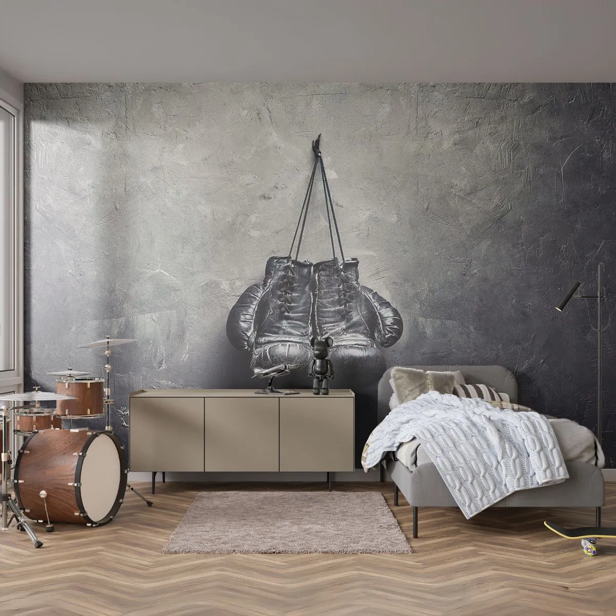 Fototapete Premium Sand - Zeit des Kampfes und Zeit des Friedens - Kasten, Boxhandschuhe, Jahrgang - 300x210 cm