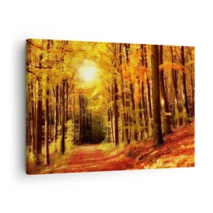 Bild auf Leinwand - Leinwandbild - Herbstwald mit Sonnenstrahlen, die durch die Bäume scheinen - 70x50cm - Goldener Herbst auf einer Forststraße - Moderne Wanddekoration für Wohnzimmer und Schlafzimmer ARTTOR
