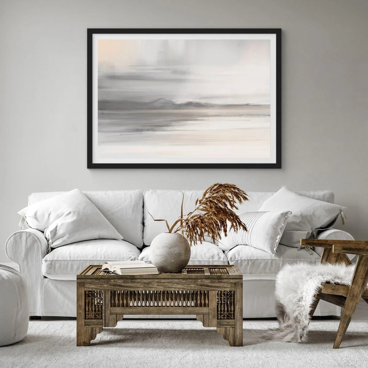 Poster in einem schwarzem Rahmen - Eine subtile Landschaft in Grau- und Beigetönen - 70x50cm - Nachdenkliche Distanz - Moderne Wanddekoration für Wohnzimmer und Schlafzimmer ARTTOR