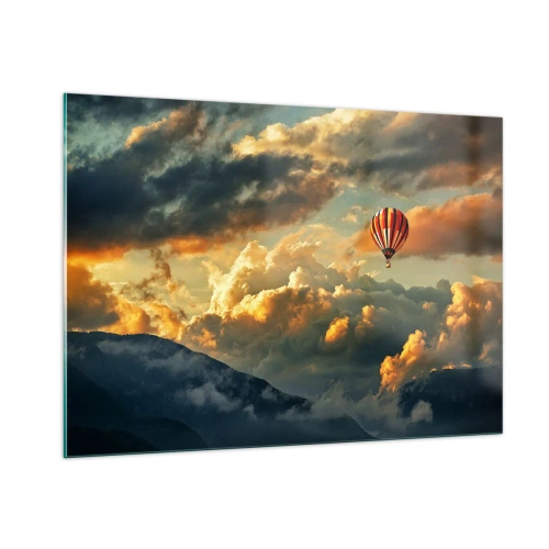 Glasbild - Bild auf glas - Ein Ballon, der bei Sonnenuntergang zwischen den Wolken über den Bergen schwebt - 100x70cm - Ich fliege, weil ich es will - Moderne Wanddekoration für Wohnzimmer und Schlafzimmer ARTTOR