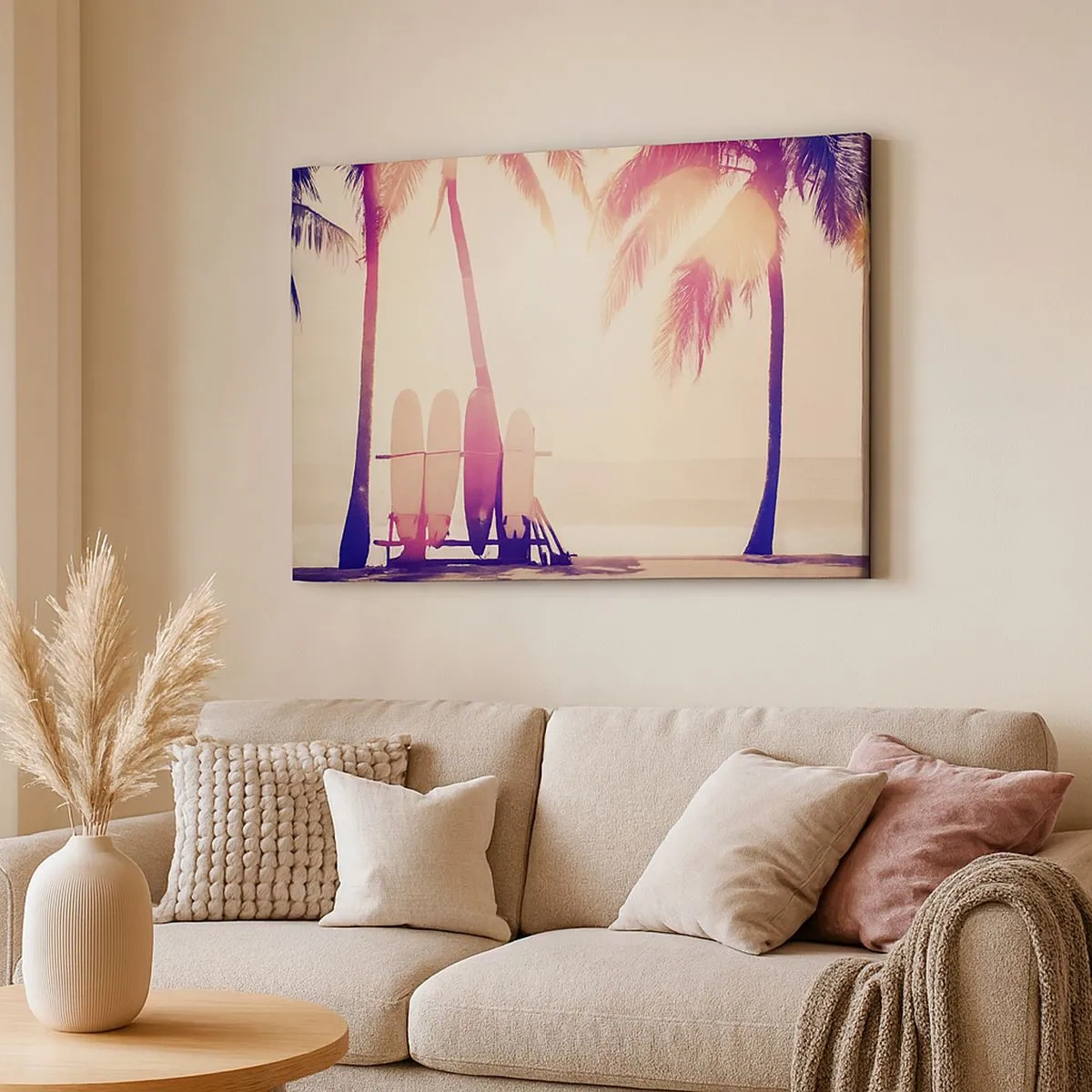 Bild auf Leinwand - Leinwandbild - Palmen und Surfbretter am Strand im Sonnenschein - 70x50cm - Es wird ein toller Tag - Moderne Wanddekoration für Wohnzimmer und Schlafzimmer ARTTOR
