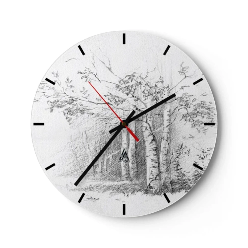 Wanduhr - Glasuhr - Eine Bleistiftzeichnung von Bäumen in einer Waldlandschaft - 30x30cm - Das Licht des Birkenwaldes - Moderne Wanddekoration für Wohnzimmer, Küche und Schlafzimmer ARTTOR